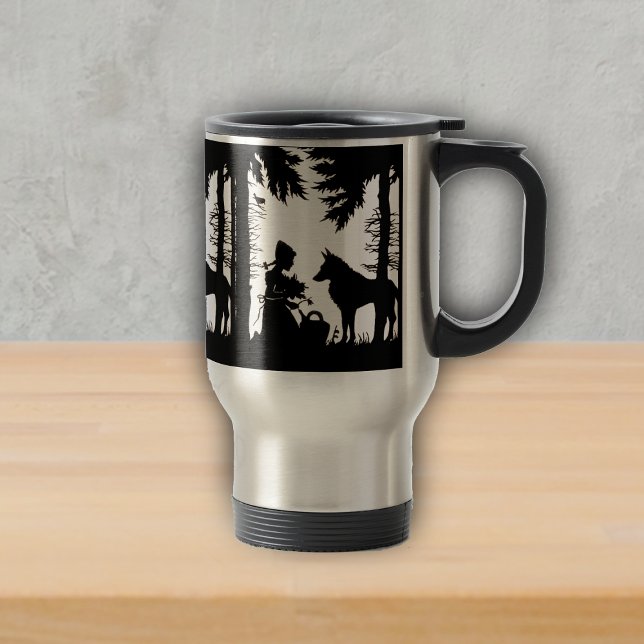 Red Riding Hood Wolf Woods Reisebecher (Black Silhouette LIttle Red Riding Hood in Woods with wolf on travel drink mug.)