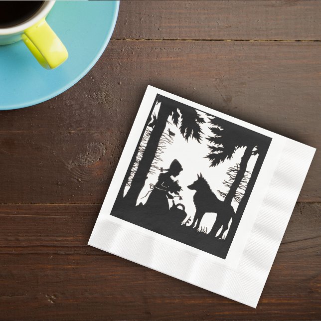 Red Riding Hood Wolf Woods Serviette (Black white silhouett Little Red Riding hood and wolf in woods on napkins.)