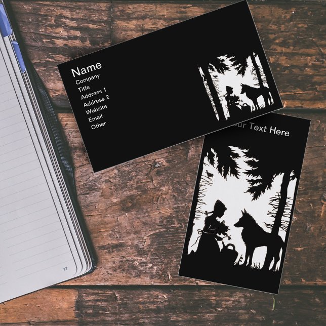 Red Riding Hood Wolf Woods Visitenkarte (Black silhouette on white Little Red Riding Hood in woods with wolf on business cards.)