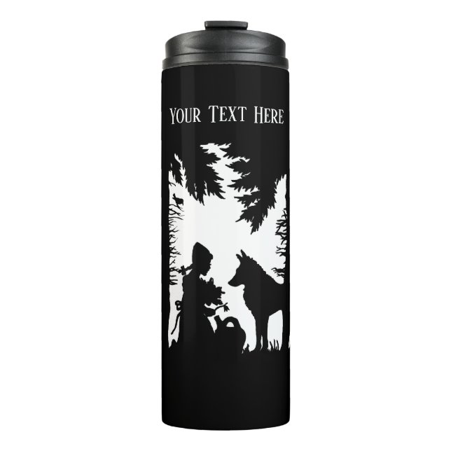 Red Riding in Woods Trees Wolf Black Silhouette Thermosbecher (Vorderseite)