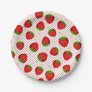 Red Ripe Strawberry and Dots Pattern Pappteller