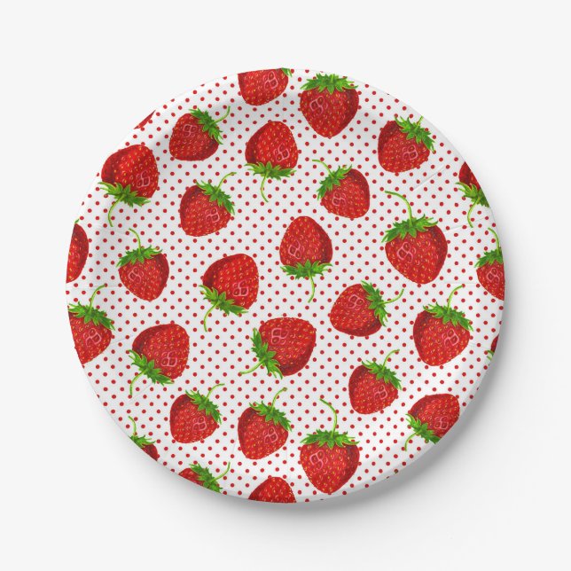 Red Ripe Strawberry and Dots Pattern Pappteller (Vorderseite)