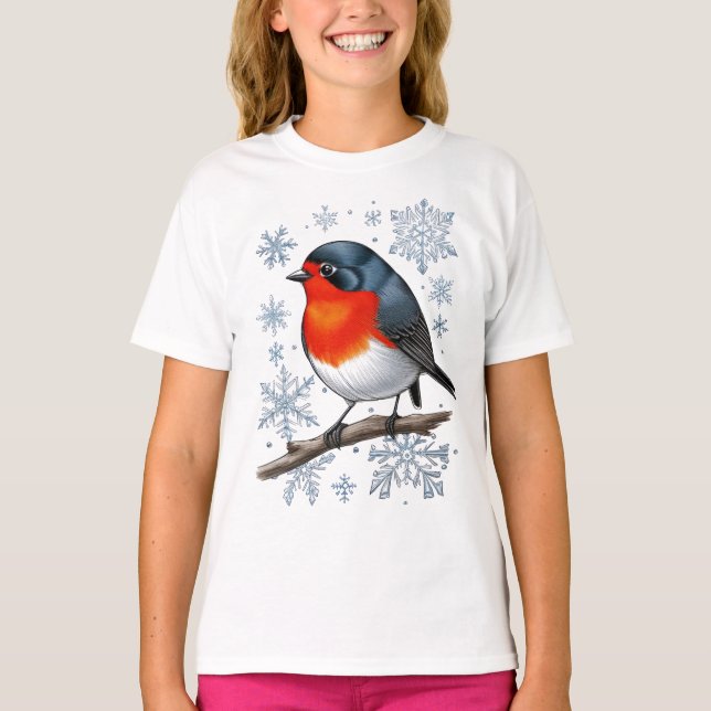 Red Robin Bird mit Schneeflocken T-Shirt (Vorderseite)