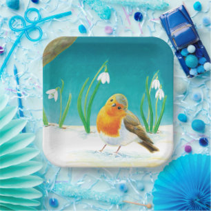 Red Robin Bird & Snowdrops Illustration Pappteller