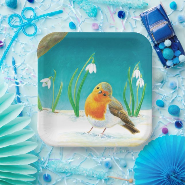 Red Robin Bird & Snowdrops Illustration Pappteller (Party)