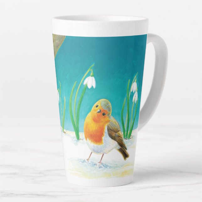 Red Robin Bird & Spring Snowdrops Illustration Milchtasse (Rechte Ecke)