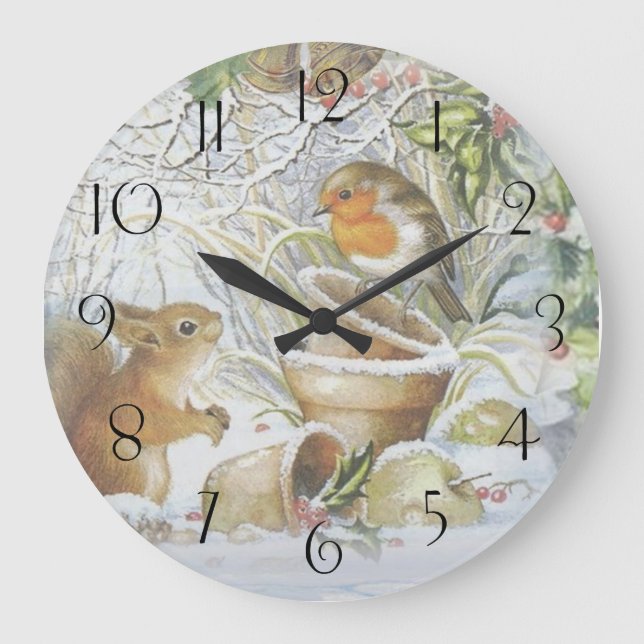 Red Robin Bird Squirrel Winter Weihnachten Große Wanduhr (Vorderseite)