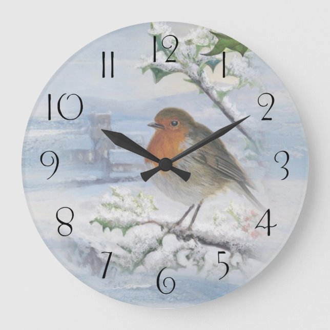 Red Robin Bird Winter Christmas Große Wanduhr (Vorderseite)