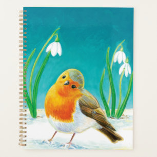 Red Robin Early Spring Snowdrops Illustration Planer
