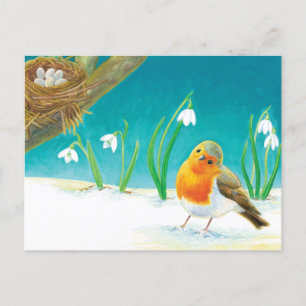 Red Robin & Early Spring Snowdrops Illustration Postkarte