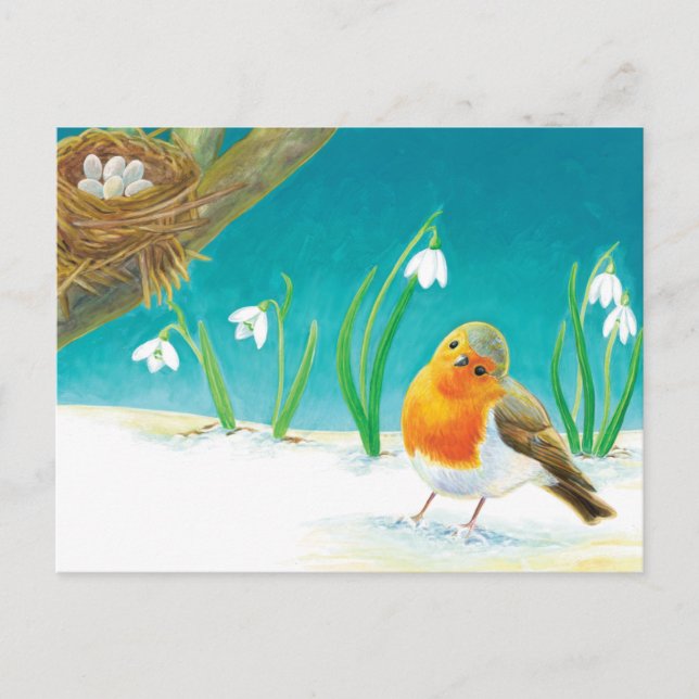 Red Robin & Early Spring Snowdrops Illustration Postkarte (Vorderseite)