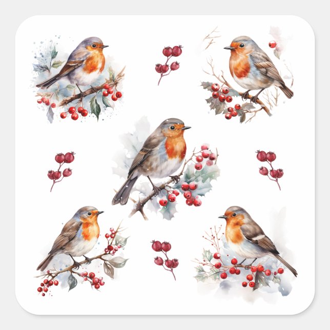 Red Robin Holly Christmas Quadratischer Aufkleber (Vorderseite)