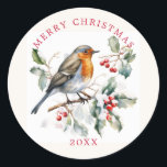 Red Robin Holly Red Berry Christmas Runder Aufkleber<br><div class="desc">Dieses Design zeigt eine Aquarellbilder von Rotkehlchen,  die auf einem schneebedeckten,  heiligen Zweig sitzen.</div>