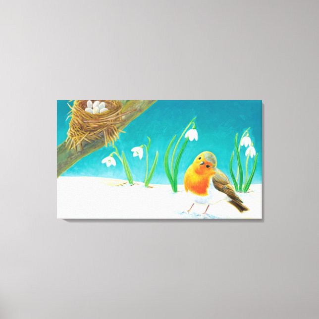 Red Robin Spring Snowdrops Illustration Leinwanddruck (Vorderseite)