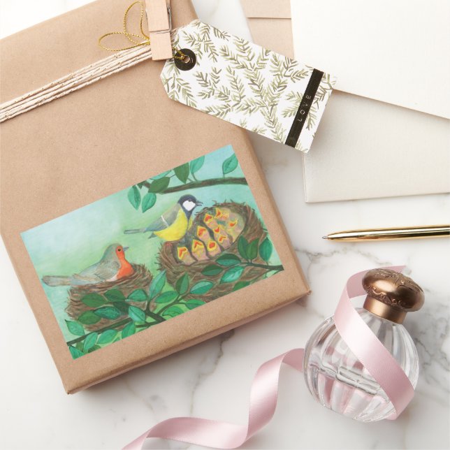 Red Robin und Great Tit Bird Nesting Rechteckiger Aufkleber (Schenken)