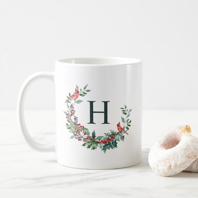 Red Robin Wreath Holiday Monogram Tasse (Mit Donut)