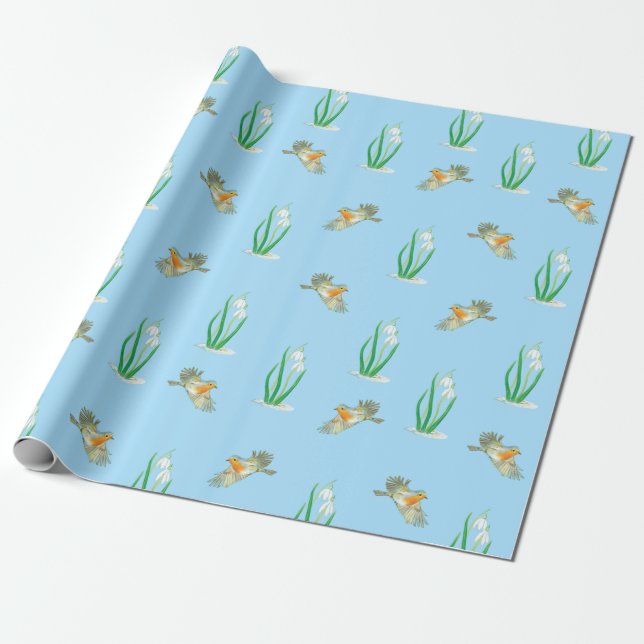 Red Robins und Snowdrops Geschenkpapier (Ungerollt)