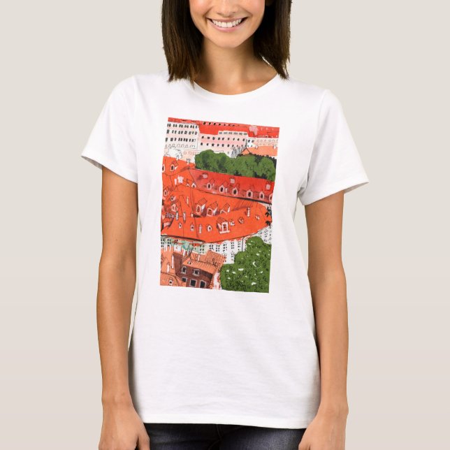 Red Roofs Prag Tschechische Stadtbild Papier Colla T-Shirt (Vorderseite)