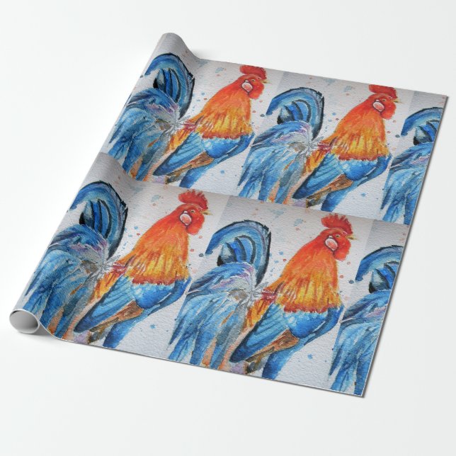 Red Rooster Hähnchen Hühnerente Watercolor Wrappin Geschenkpapier (Ungerollt)