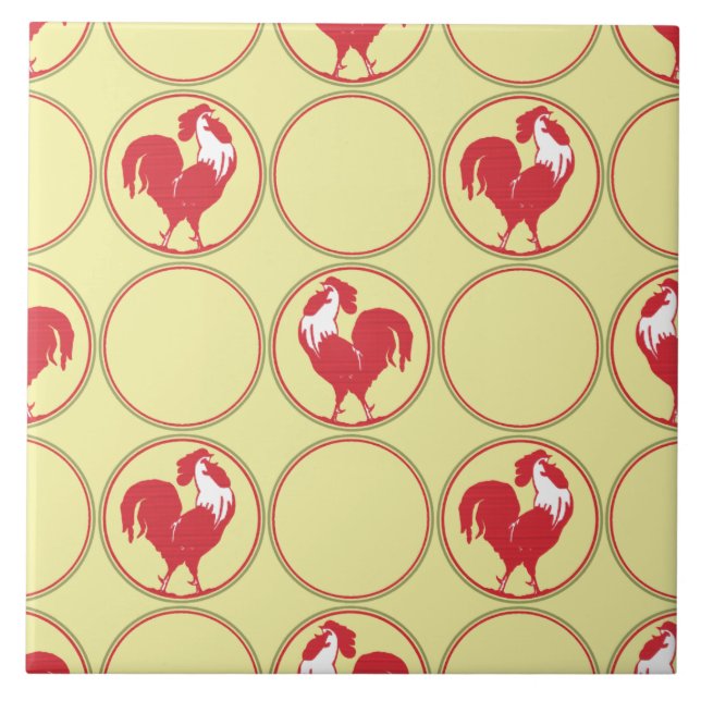 Red Rooster Medallion Muster auf Gelb Fliese (Vorderseite)