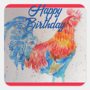 Red Rooster Wasserfarbe Malerei Happy Geburtstag Quadratischer Aufkleber