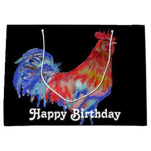 Red Rooster Watercolor Mans Birthday Black Große Geschenktüte