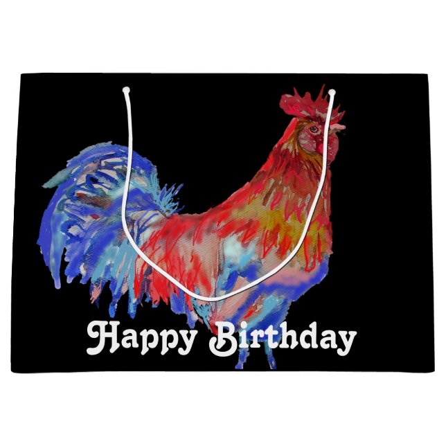 Red Rooster Watercolor Mans Birthday Black Große Geschenktüte (Vorderseite)