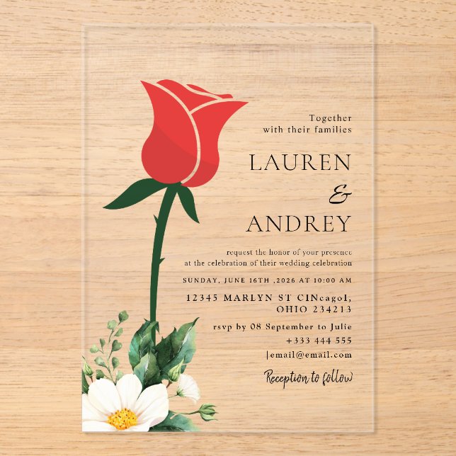 Red Rose Acrylic Wedding Invitation Acryleinladungen (Vorderseite)