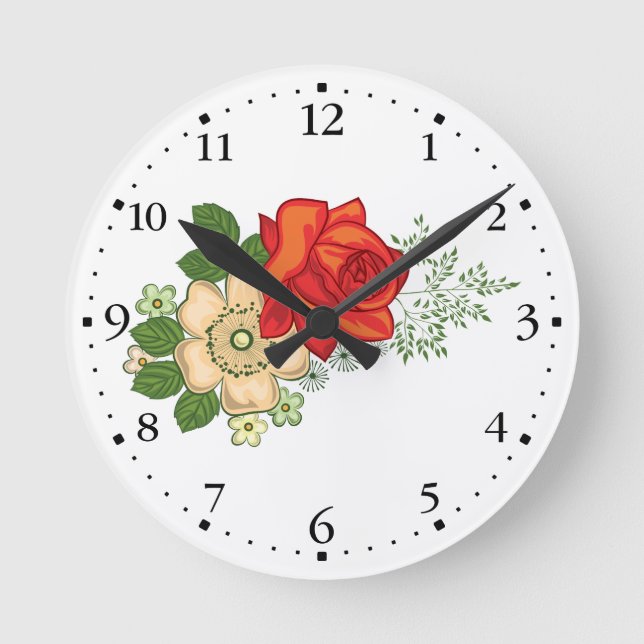 Red Rose and Daisies Clockface 1 Black Runde Wanduhr (Vorderseite)
