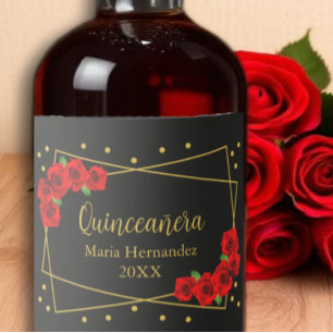 Red Rose Black and Gold Quinceañera Alkoholflaschenetikett