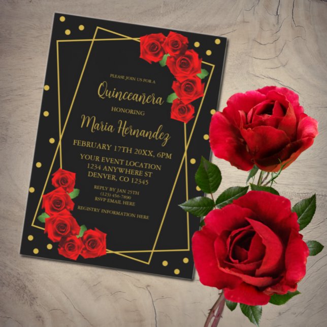 Red Rose Black and Gold Quinceañera Einladung (Von Creator hochgeladen)