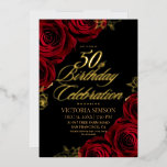 Red Rose Floral Fifty 50th Birthday Folieneinladung<br><div class="desc">Stylish modern Birthday party invitation. Elegant handwritten calligraphy combined with a modern font on a dark black background complement each other and look harmonious at the same time.</div>