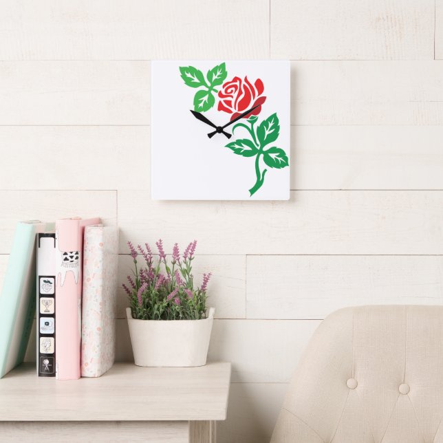 Red Rose Flower Design – Classic Floral Beauty Quadratische Wanduhr (Lesesaal)