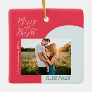 Red & Rose Gold Modernes Foto Weihnachtsfamilie Keramikornament
