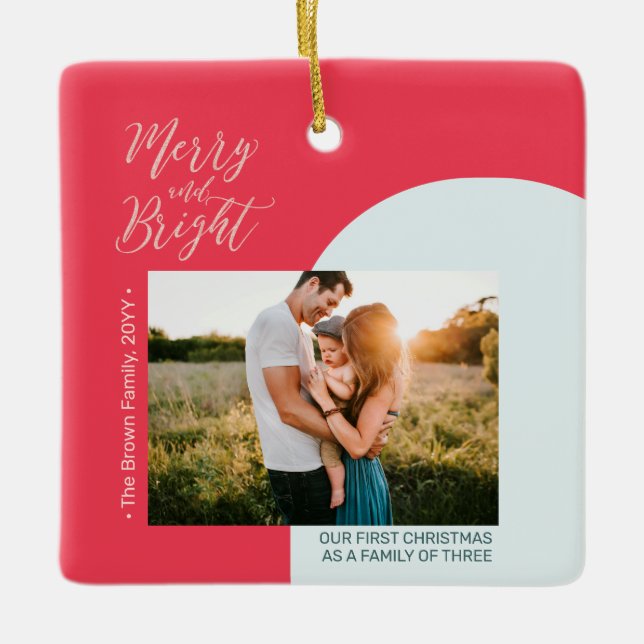 Red & Rose Gold Modernes Foto Weihnachtsfamilie Keramikornament (Vorderseite)