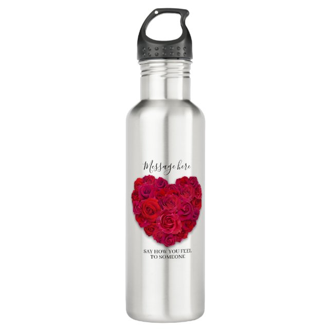 Red Rose Heart Romantic Floral Custom Text Edelstahlflasche (Vorderseite)