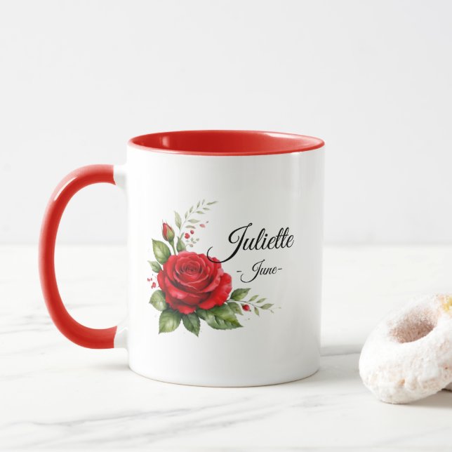 Red Rose Monogram Mug – June Birth Flower Tasse (Mit Donut)