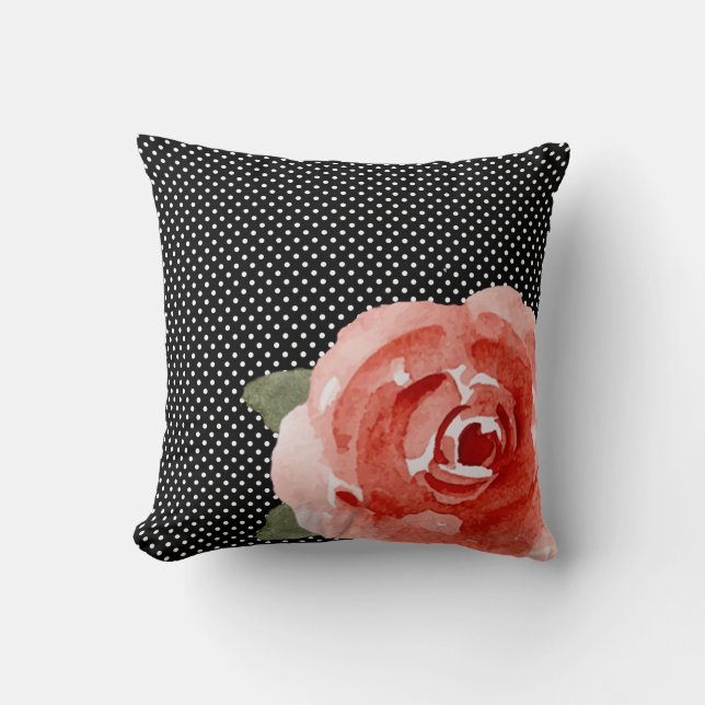 Red Rose on Black White Polka Dots Kissen (Vorderseite)