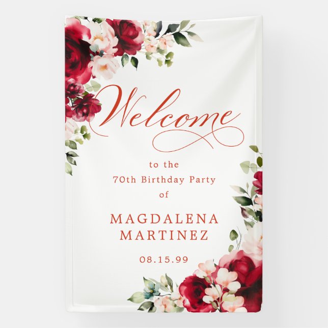 Red Rose Pink Peony 70th Birthday Welcome Banner (Vertikal)