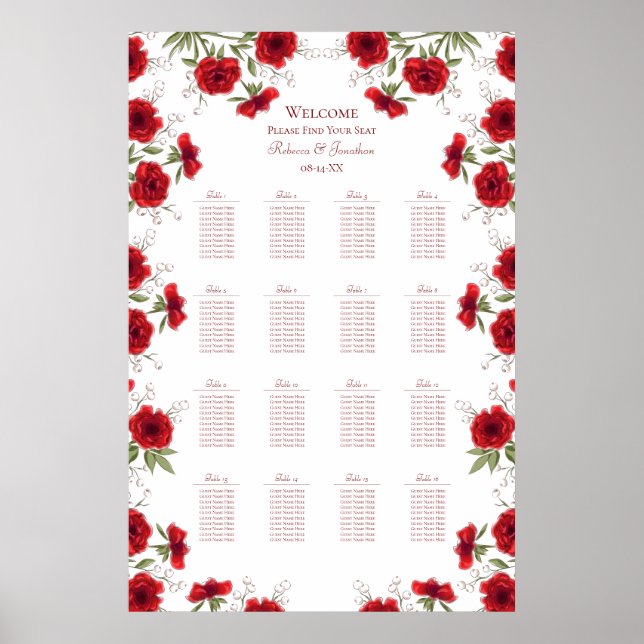Red Rose Romantic Wedding Seating Chart Poster (Vorne)