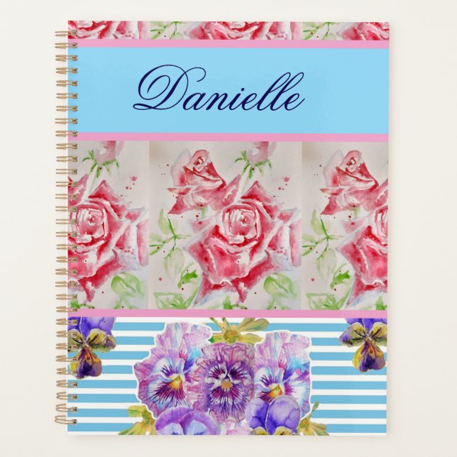 Red Rose Shabby Chic Watercolor Roses Pink Blue Planer (Vorderseite)