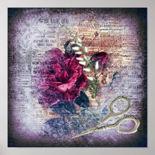 Red Rose Victorian Floral Grunge Poster