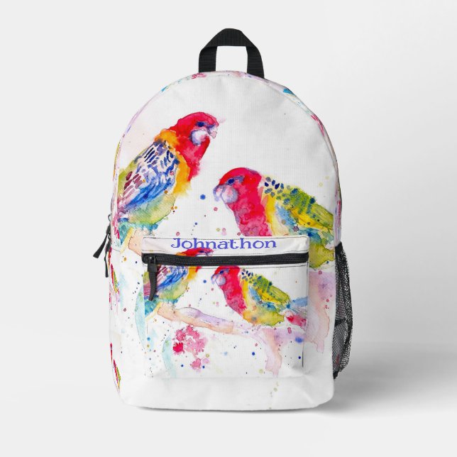 Red Rosella Parrot Watercolor Parrots Boys Name Bedruckter Rucksack (Vorderseite)