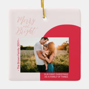 Red & Rosen Gold Moderne Foto Weihnachtsfamilie Keramikornament