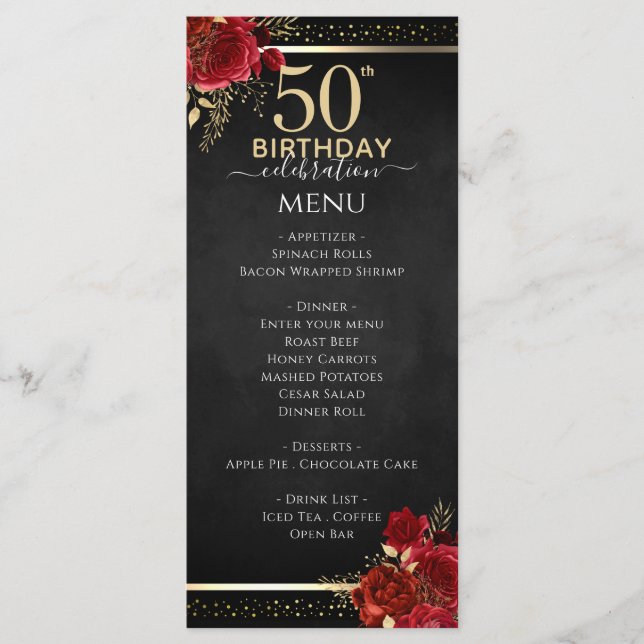 Red Roses 50th Birthday Celebration Menu Menükarte (Vorderseite)
