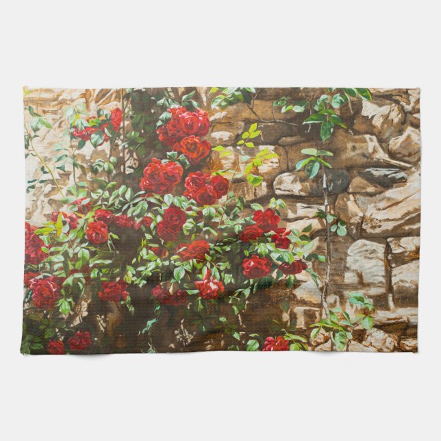 Red Roses Against a Stone Wall Geschirrtuch (Horizontal)