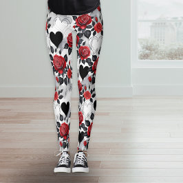 Red Roses and Black Hearts Romantic Patterned Leggings