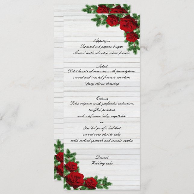 Red Roses And Pine Branch Christmas Wedding Menu Menükarte (Vorne/Hinten)