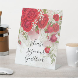 Red Roses & Babys Breath Elegant Floral Wedding Sockelschild