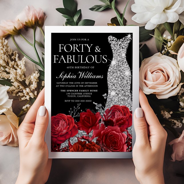 Red Roses & Black 40th Birthday Silver Folieneinladung (Von Creator hochgeladen)